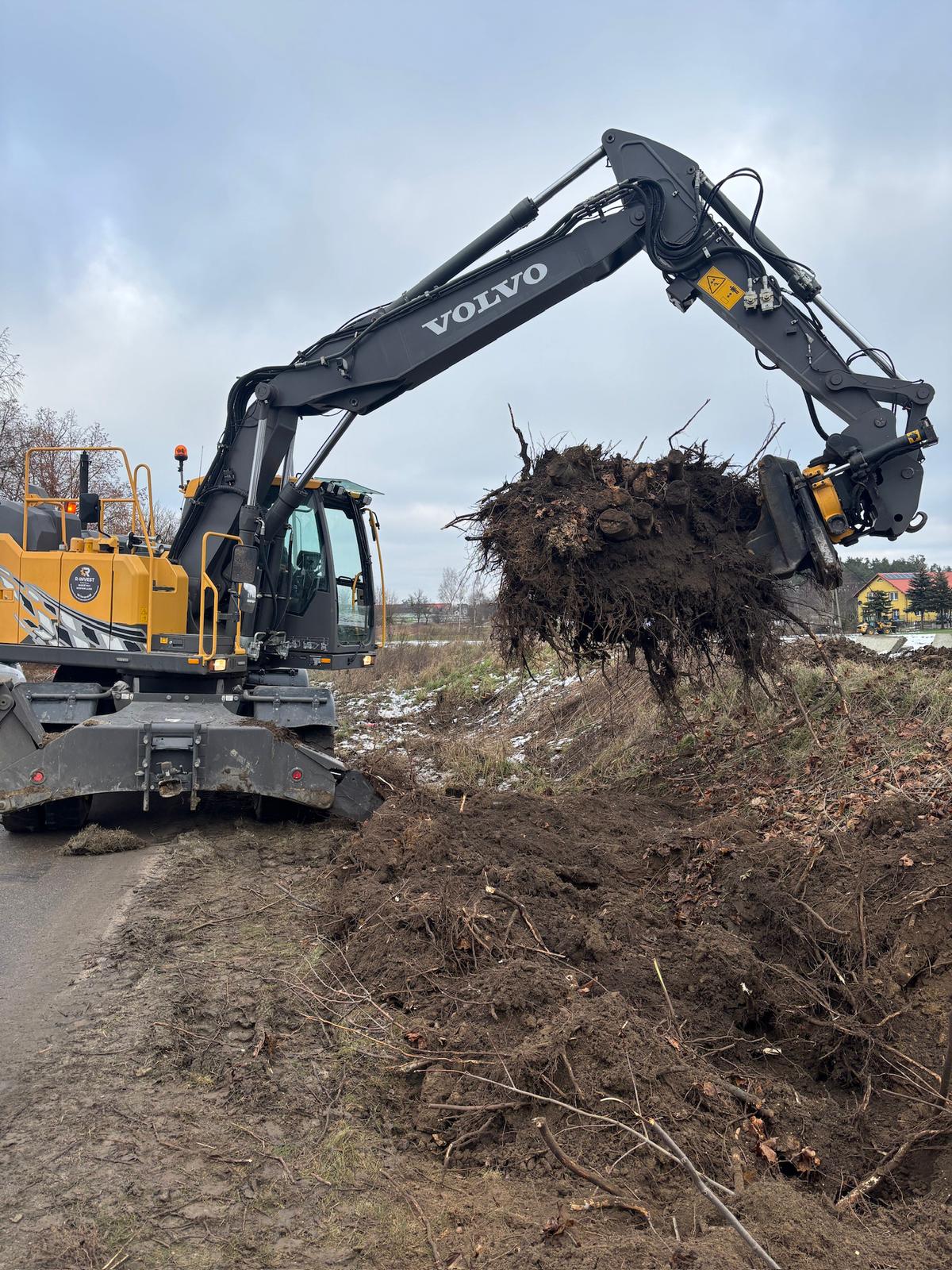 Zdjęcie przedstawia koparkę marki volvo wyrywającą korzenie.